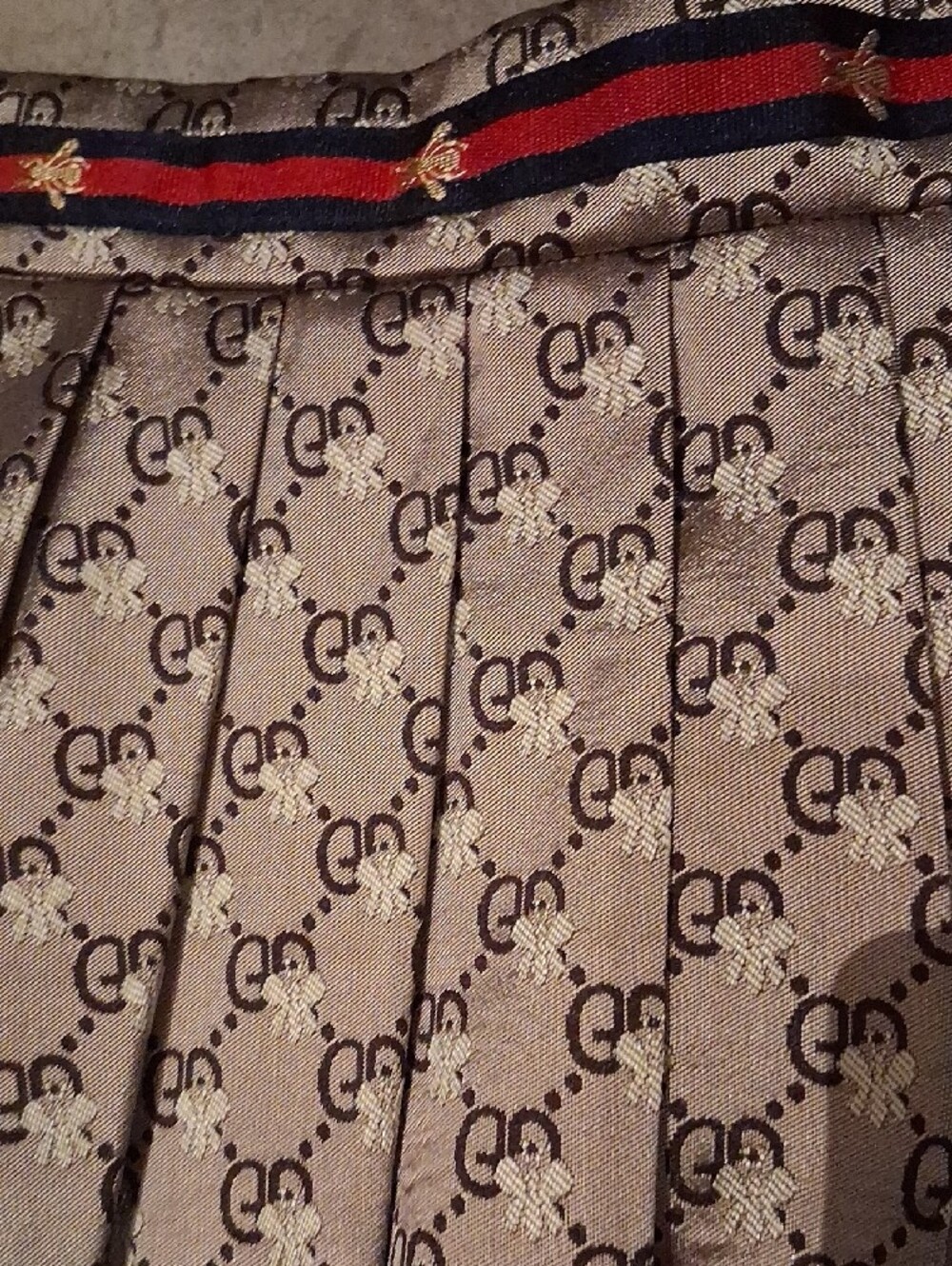 Gucci Beige Monogram Pleated Skater Skirt with Red and Black Striped Waistband - Picture 2 of 7